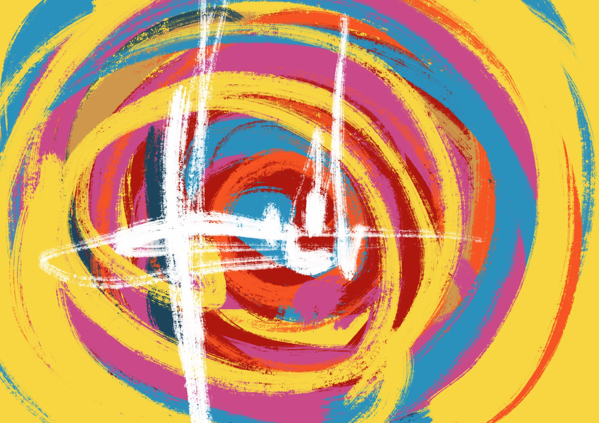 Colourful scribble in circle pattern with yellows, pink, blue and orange.